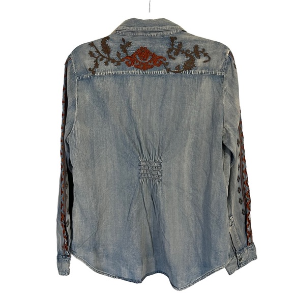 Tasha Polizzi Embroidered Chambray Boho Western Button Down Blouse - Picture 2 of 9